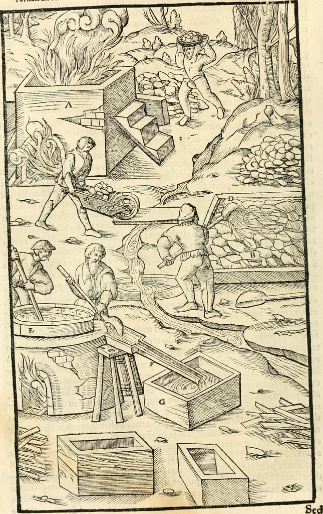 An illustration from Georgii Agricolae De re metallica libri XII. qvibus officia, instrumenta, machinae, ac omnia deni ad metallicam spectantia, non modo luculentissimè describuntur, sed & per effigies, suis locis insertas, adiunctis latinis, germanicis appellationibus ita ob oculos ponuntur, ut clarius tradi non possint. Eivsdem De animantibvs svbterraneis liber, ab autore recognitus: cum indicibus diuersis, quicqiuid in opere tractatum est, pulchré demonstrantibus, 1556, leaf 479