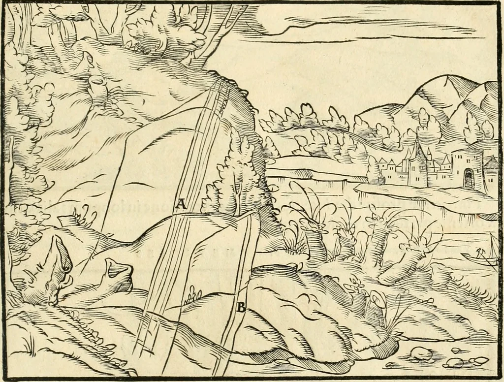 An illustration from Georgii Agricolae De re metallica libri XII. qvibus officia, instrumenta, machinae, ac omnia deni ad metallicam spectantia, non modo luculentissimè describuntur, sed & per effigies, suis locis insertas, adiunctis latinis, germanicis appellationibus ita ob oculos ponuntur, ut clarius tradi non possint. Eivsdem De animantibvs svbterraneis liber, ab autore recognitus: cum indicibus diuersis, quicqiuid in opere tractatum est, pulchré demonstrantibus, 1556, leaf 48