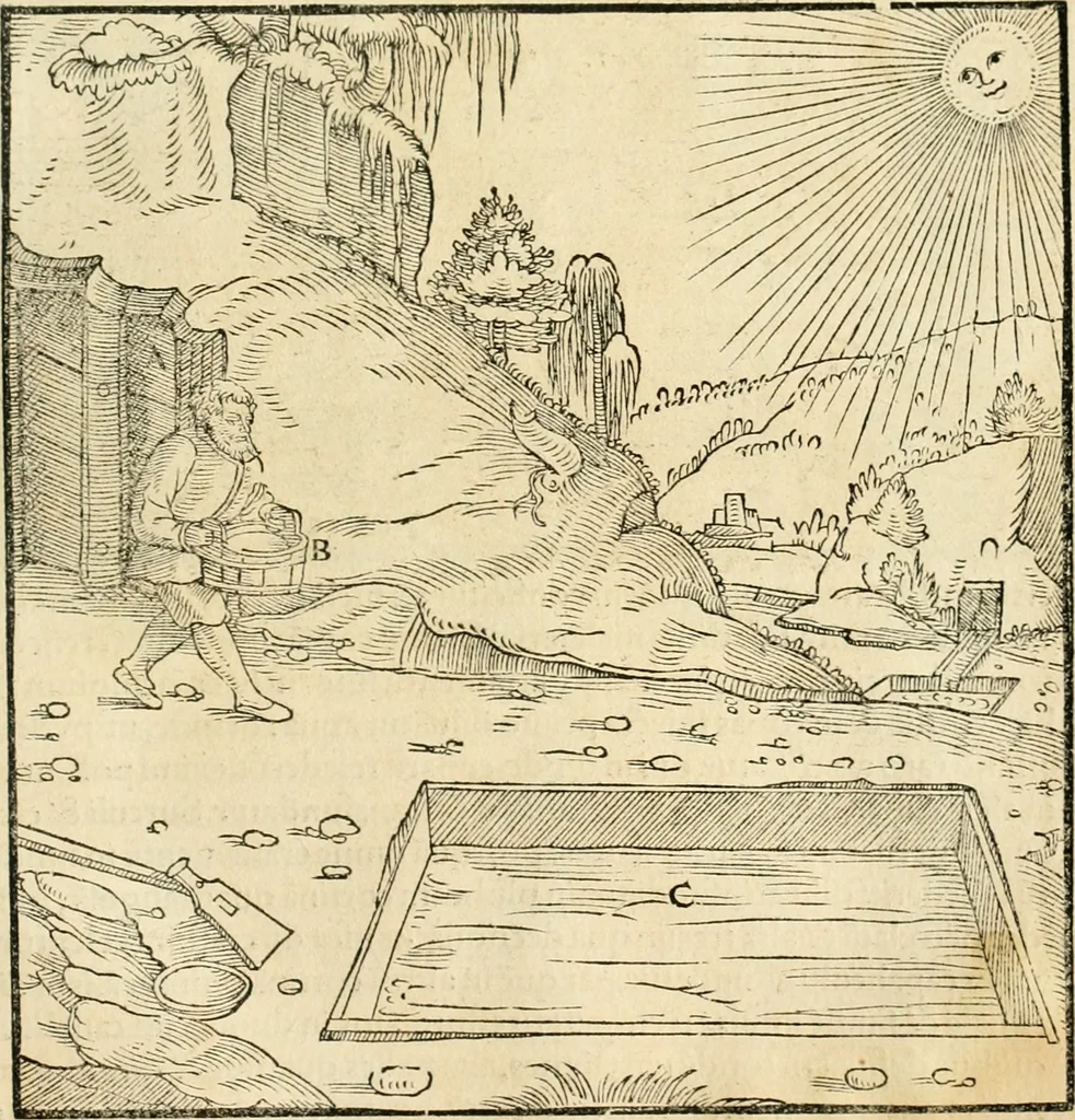 An illustration from Georgii Agricolae De re metallica libri XII. qvibus officia, instrumenta, machinae, ac omnia deni ad metallicam spectantia, non modo luculentissimè describuntur, sed & per effigies, suis locis insertas, adiunctis latinis, germanicis appellationibus ita ob oculos ponuntur, ut clarius tradi non possint. Eivsdem De animantibvs svbterraneis liber, ab autore recognitus: cum indicibus diuersis, quicqiuid in opere tractatum est, pulchré demonstrantibus, 1556, leaf 480