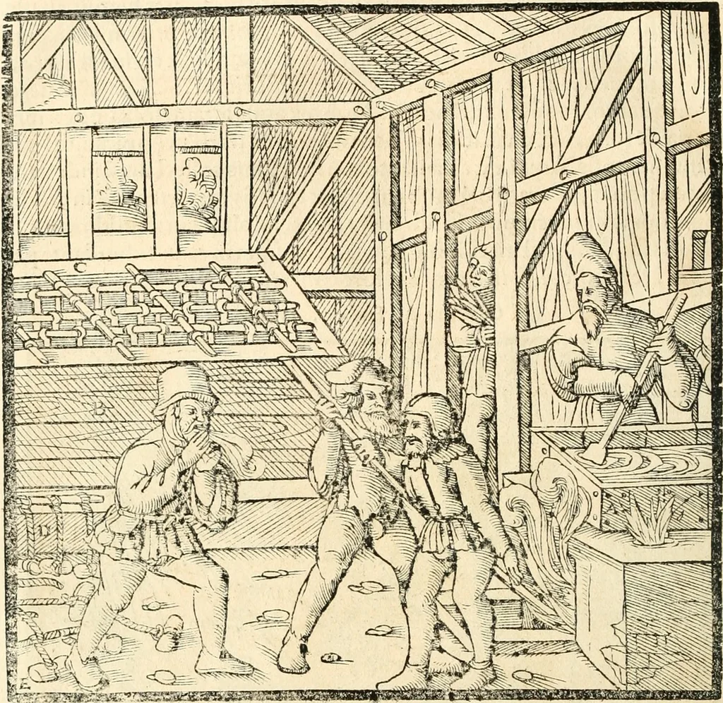 An illustration from Georgii Agricolae De re metallica libri XII. qvibus officia, instrumenta, machinae, ac omnia deni ad metallicam spectantia, non modo luculentissimè describuntur, sed & per effigies, suis locis insertas, adiunctis latinis, germanicis appellationibus ita ob oculos ponuntur, ut clarius tradi non possint. Eivsdem De animantibvs svbterraneis liber, ab autore recognitus: cum indicibus diuersis, quicqiuid in opere tractatum est, pulchré demonstrantibus, 1556, leaf 481