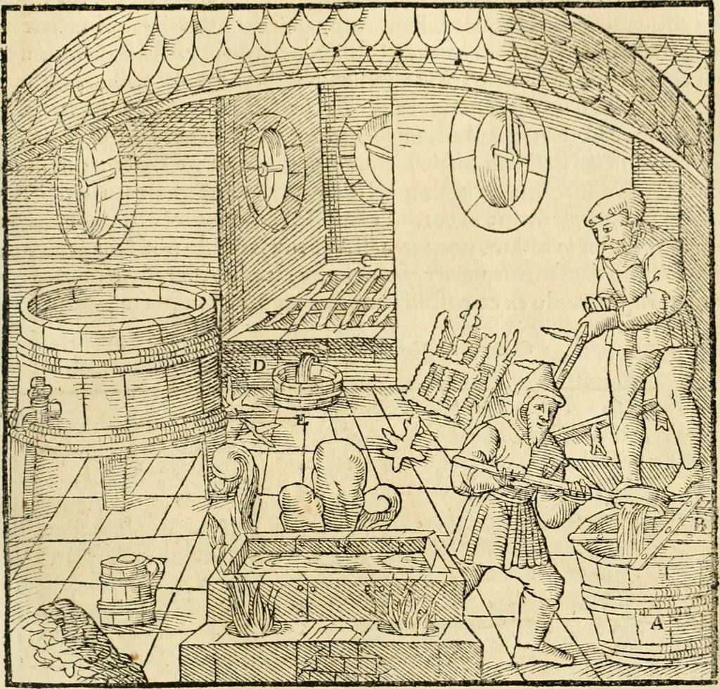 An illustration from Georgii Agricolae De re metallica libri XII. qvibus officia, instrumenta, machinae, ac omnia deni ad metallicam spectantia, non modo luculentissimè describuntur, sed & per effigies, suis locis insertas, adiunctis latinis, germanicis appellationibus ita ob oculos ponuntur, ut clarius tradi non possint. Eivsdem De animantibvs svbterraneis liber, ab autore recognitus: cum indicibus diuersis, quicqiuid in opere tractatum est, pulchré demonstrantibus, 1556, leaf 482