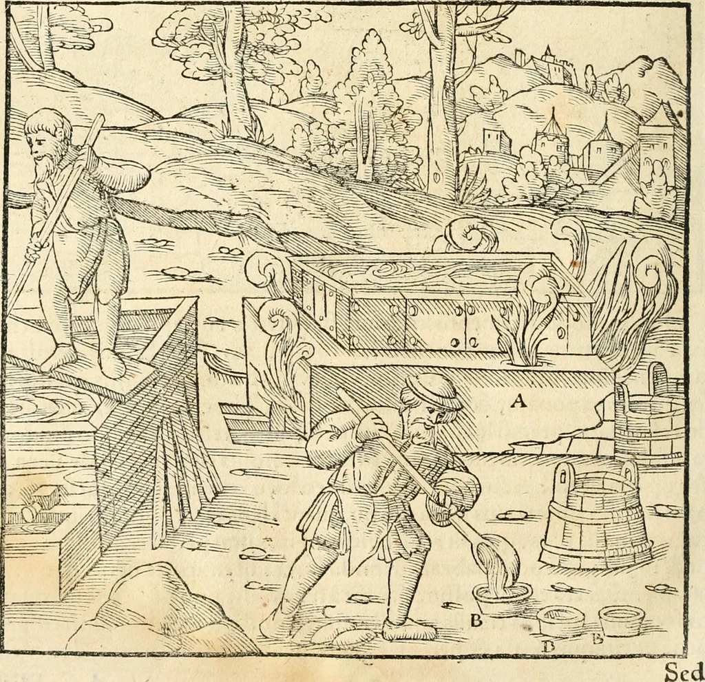 An illustration from Georgii Agricolae De re metallica libri XII. qvibus officia, instrumenta, machinae, ac omnia deni ad metallicam spectantia, non modo luculentissimè describuntur, sed & per effigies, suis locis insertas, adiunctis latinis, germanicis appellationibus ita ob oculos ponuntur, ut clarius tradi non possint. Eivsdem De animantibvs svbterraneis liber, ab autore recognitus: cum indicibus diuersis, quicqiuid in opere tractatum est, pulchré demonstrantibus, 1556, leaf 483