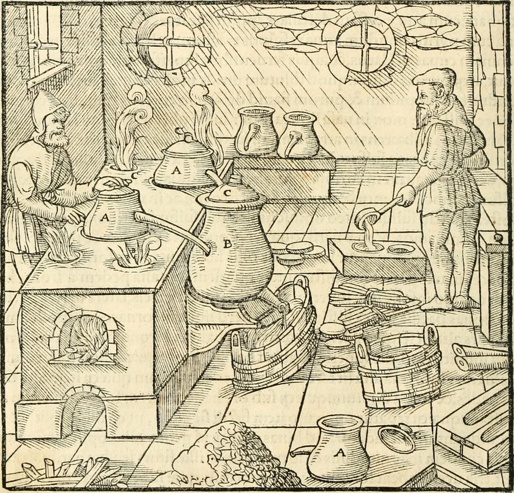 An illustration from Georgii Agricolae De re metallica libri XII. qvibus officia, instrumenta, machinae, ac omnia deni ad metallicam spectantia, non modo luculentissimè describuntur, sed & per effigies, suis locis insertas, adiunctis latinis, germanicis appellationibus ita ob oculos ponuntur, ut clarius tradi non possint. Eivsdem De animantibvs svbterraneis liber, ab autore recognitus: cum indicibus diuersis, quicqiuid in opere tractatum est, pulchré demonstrantibus, 1556, leaf 485
