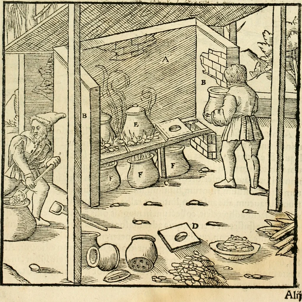 An illustration from Georgii Agricolae De re metallica libri XII. qvibus officia, instrumenta, machinae, ac omnia deni ad metallicam spectantia, non modo luculentissimè describuntur, sed & per effigies, suis locis insertas, adiunctis latinis, germanicis appellationibus ita ob oculos ponuntur, ut clarius tradi non possint. Eivsdem De animantibvs svbterraneis liber, ab autore recognitus: cum indicibus diuersis, quicqiuid in opere tractatum est, pulchré demonstrantibus, 1556, leaf 486
