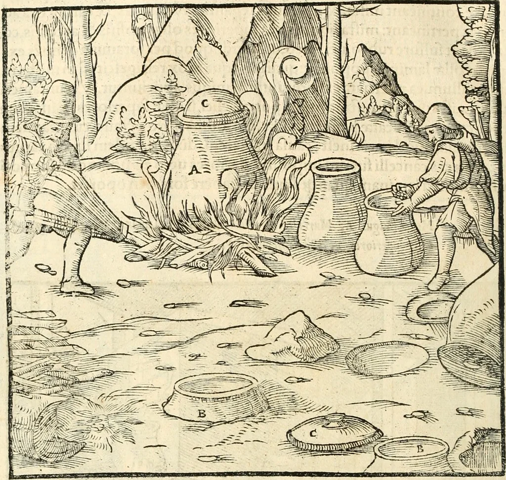 An illustration from Georgii Agricolae De re metallica libri XII. qvibus officia, instrumenta, machinae, ac omnia deni ad metallicam spectantia, non modo luculentissimè describuntur, sed & per effigies, suis locis insertas, adiunctis latinis, germanicis appellationibus ita ob oculos ponuntur, ut clarius tradi non possint. Eivsdem De animantibvs svbterraneis liber, ab autore recognitus: cum indicibus diuersis, quicqiuid in opere tractatum est, pulchré demonstrantibus, 1556, leaf 487