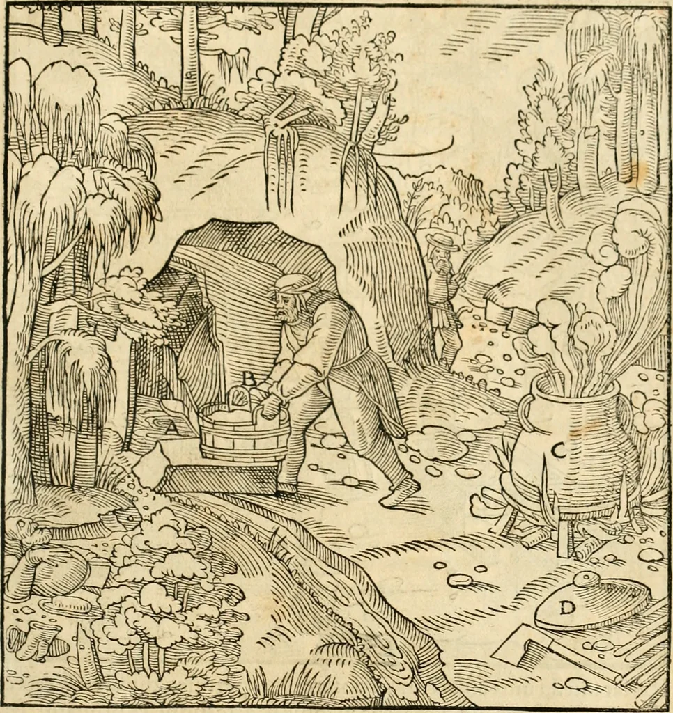 An illustration from Georgii Agricolae De re metallica libri XII. qvibus officia, instrumenta, machinae, ac omnia deni ad metallicam spectantia, non modo luculentissimè describuntur, sed & per effigies, suis locis insertas, adiunctis latinis, germanicis appellationibus ita ob oculos ponuntur, ut clarius tradi non possint. Eivsdem De animantibvs svbterraneis liber, ab autore recognitus: cum indicibus diuersis, quicqiuid in opere tractatum est, pulchré demonstrantibus, 1556, leaf 488