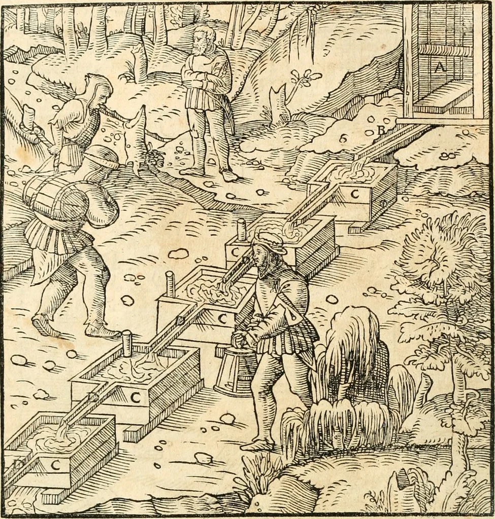 An illustration from Georgii Agricolae De re metallica libri XII. qvibus officia, instrumenta, machinae, ac omnia deni ad metallicam spectantia, non modo luculentissimè describuntur, sed & per effigies, suis locis insertas, adiunctis latinis, germanicis appellationibus ita ob oculos ponuntur, ut clarius tradi non possint. Eivsdem De animantibvs svbterraneis liber, ab autore recognitus: cum indicibus diuersis, quicqiuid in opere tractatum est, pulchré demonstrantibus, 1556, leaf 489