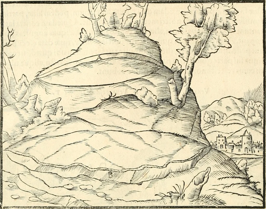 An illustration from Georgii Agricolae De re metallica libri XII. qvibus officia, instrumenta, machinae, ac omnia deni ad metallicam spectantia, non modo luculentissimè describuntur, sed & per effigies, suis locis insertas, adiunctis latinis, germanicis appellationibus ita ob oculos ponuntur, ut clarius tradi non possint. Eivsdem De animantibvs svbterraneis liber, ab autore recognitus: cum indicibus diuersis, quicqiuid in opere tractatum est, pulchré demonstrantibus, 1556, leaf 49