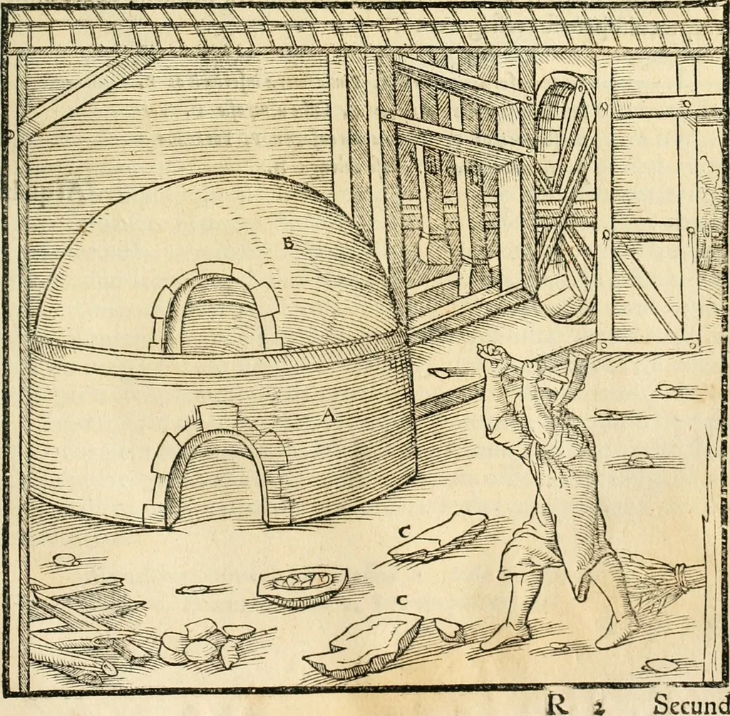 An illustration from Georgii Agricolae De re metallica libri XII. qvibus officia, instrumenta, machinae, ac omnia deni ad metallicam spectantia, non modo luculentissimè describuntur, sed & per effigies, suis locis insertas, adiunctis latinis, germanicis appellationibus ita ob oculos ponuntur, ut clarius tradi non possint. Eivsdem De animantibvs svbterraneis liber, ab autore recognitus: cum indicibus diuersis, quicqiuid in opere tractatum est, pulchré demonstrantibus, 1556, leaf 490