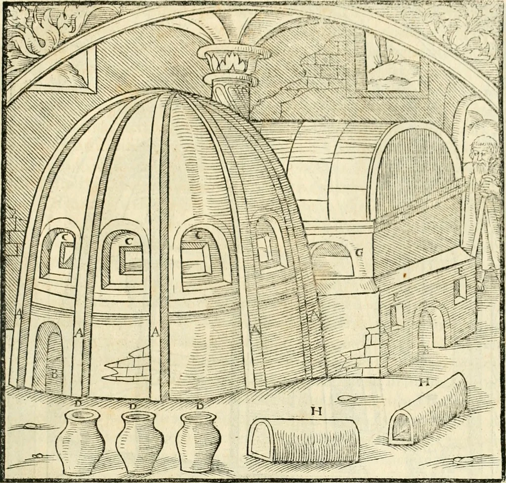 An illustration from Georgii Agricolae De re metallica libri XII. qvibus officia, instrumenta, machinae, ac omnia deni ad metallicam spectantia, non modo luculentissimè describuntur, sed & per effigies, suis locis insertas, adiunctis latinis, germanicis appellationibus ita ob oculos ponuntur, ut clarius tradi non possint. Eivsdem De animantibvs svbterraneis liber, ab autore recognitus: cum indicibus diuersis, quicqiuid in opere tractatum est, pulchré demonstrantibus, 1556, leaf 492