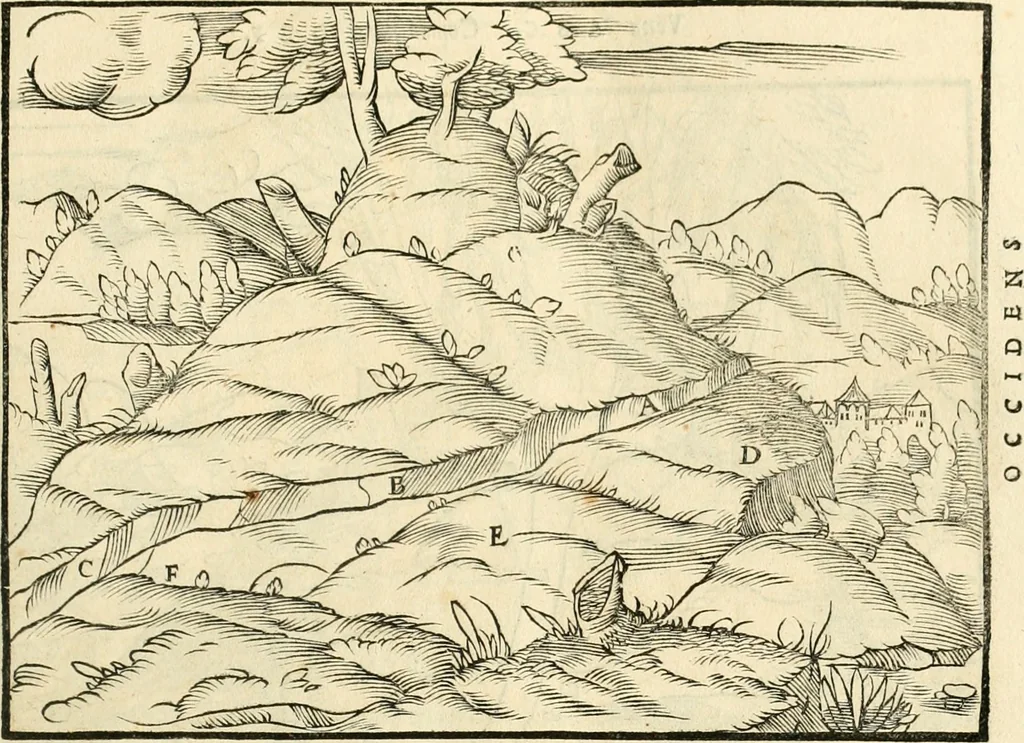 An illustration from Georgii Agricolae De re metallica libri XII. qvibus officia, instrumenta, machinae, ac omnia deni ad metallicam spectantia, non modo luculentissimè describuntur, sed & per effigies, suis locis insertas, adiunctis latinis, germanicis appellationibus ita ob oculos ponuntur, ut clarius tradi non possint. Eivsdem De animantibvs svbterraneis liber, ab autore recognitus: cum indicibus diuersis, quicqiuid in opere tractatum est, pulchré demonstrantibus, 1556, leaf 50