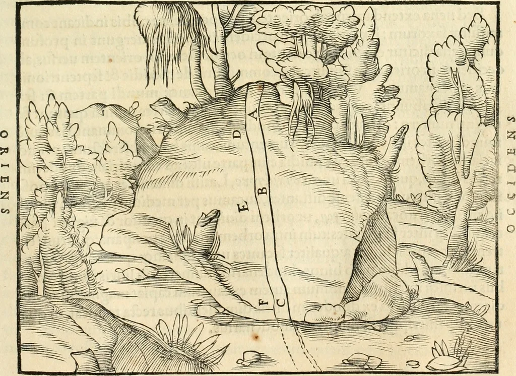 An illustration from Georgii Agricolae De re metallica libri XII. qvibus officia, instrumenta, machinae, ac omnia deni ad metallicam spectantia, non modo luculentissimè describuntur, sed & per effigies, suis locis insertas, adiunctis latinis, germanicis appellationibus ita ob oculos ponuntur, ut clarius tradi non possint. Eivsdem De animantibvs svbterraneis liber, ab autore recognitus: cum indicibus diuersis, quicqiuid in opere tractatum est, pulchré demonstrantibus, 1556, leaf 50