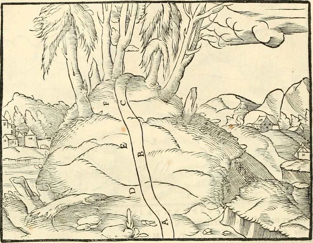 An illustration from Georgii Agricolae De re metallica libri XII. qvibus officia, instrumenta, machinae, ac omnia deni ad metallicam spectantia, non modo luculentissimè describuntur, sed & per effigies, suis locis insertas, adiunctis latinis, germanicis appellationibus ita ob oculos ponuntur, ut clarius tradi non possint. Eivsdem De animantibvs svbterraneis liber, ab autore recognitus: cum indicibus diuersis, quicqiuid in opere tractatum est, pulchré demonstrantibus, 1556, leaf 51