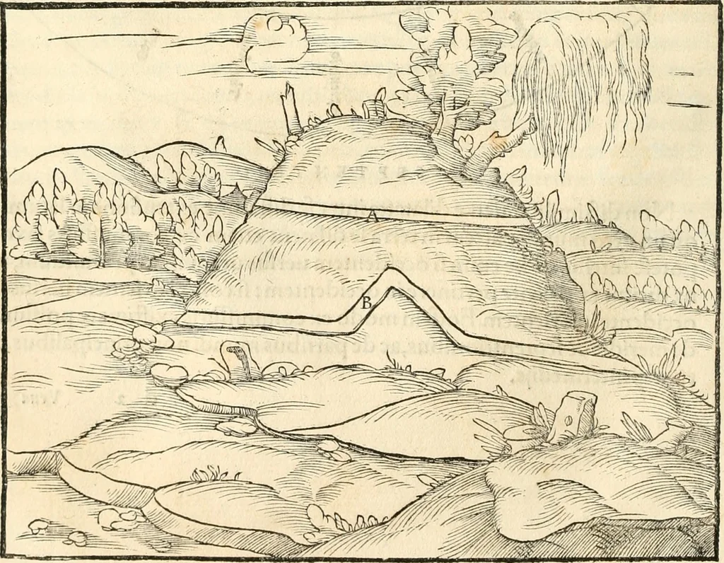 An illustration from Georgii Agricolae De re metallica libri XII. qvibus officia, instrumenta, machinae, ac omnia deni ad metallicam spectantia, non modo luculentissimè describuntur, sed & per effigies, suis locis insertas, adiunctis latinis, germanicis appellationibus ita ob oculos ponuntur, ut clarius tradi non possint. Eivsdem De animantibvs svbterraneis liber, ab autore recognitus: cum indicibus diuersis, quicqiuid in opere tractatum est, pulchré demonstrantibus, 1556, leaf 55