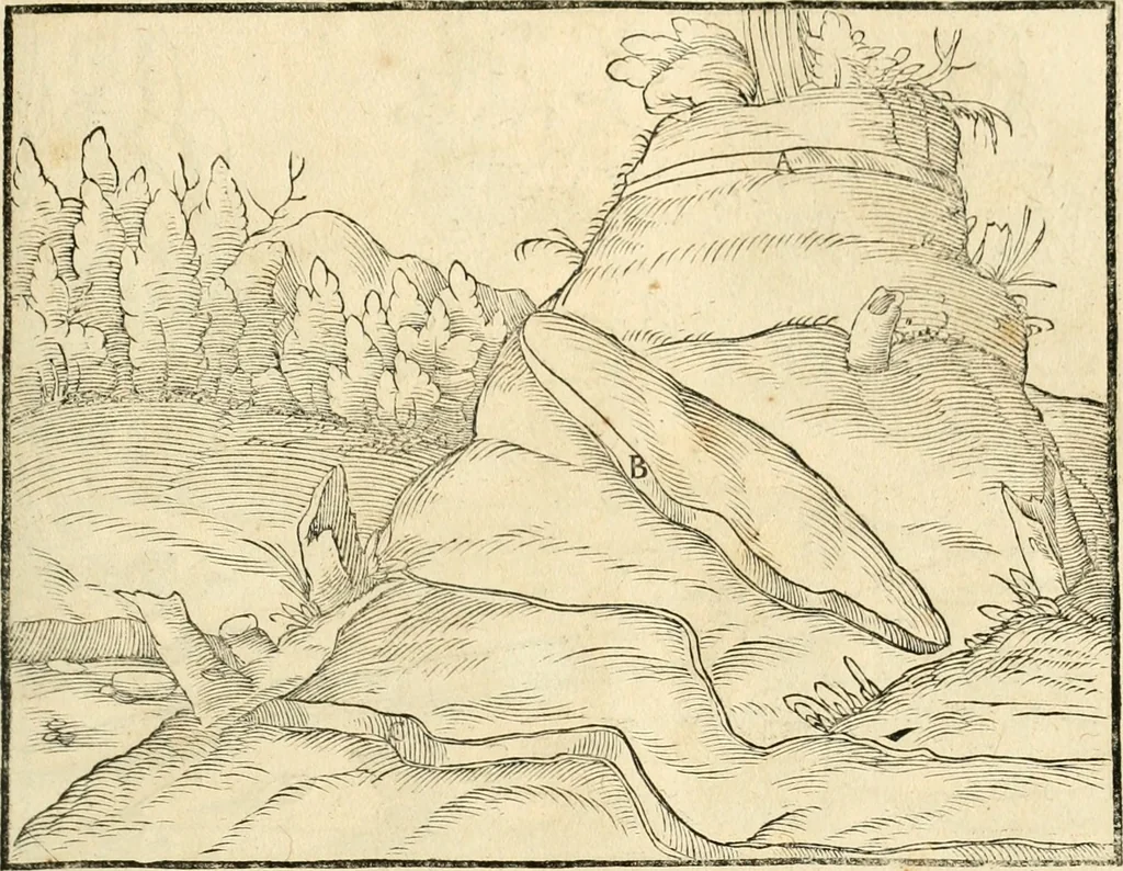 An illustration from Georgii Agricolae De re metallica libri XII. qvibus officia, instrumenta, machinae, ac omnia deni ad metallicam spectantia, non modo luculentissimè describuntur, sed & per effigies, suis locis insertas, adiunctis latinis, germanicis appellationibus ita ob oculos ponuntur, ut clarius tradi non possint. Eivsdem De animantibvs svbterraneis liber, ab autore recognitus: cum indicibus diuersis, quicqiuid in opere tractatum est, pulchré demonstrantibus, 1556, leaf 56