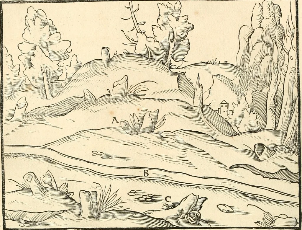 An illustration from Georgii Agricolae De re metallica libri XII. qvibus officia, instrumenta, machinae, ac omnia deni ad metallicam spectantia, non modo luculentissimè describuntur, sed & per effigies, suis locis insertas, adiunctis latinis, germanicis appellationibus ita ob oculos ponuntur, ut clarius tradi non possint. Eivsdem De animantibvs svbterraneis liber, ab autore recognitus: cum indicibus diuersis, quicqiuid in opere tractatum est, pulchré demonstrantibus, 1556, leaf 57