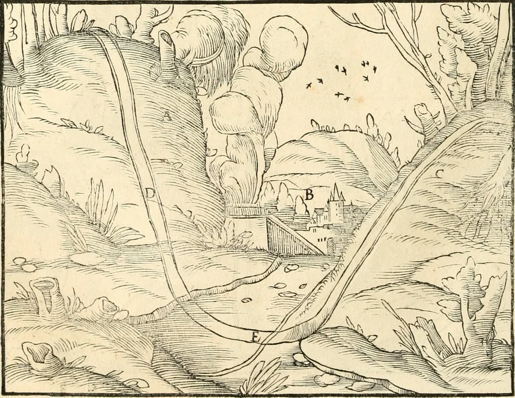 An illustration from Georgii Agricolae De re metallica libri XII. qvibus officia, instrumenta, machinae, ac omnia deni ad metallicam spectantia, non modo luculentissimè describuntur, sed & per effigies, suis locis insertas, adiunctis latinis, germanicis appellationibus ita ob oculos ponuntur, ut clarius tradi non possint. Eivsdem De animantibvs svbterraneis liber, ab autore recognitus: cum indicibus diuersis, quicqiuid in opere tractatum est, pulchré demonstrantibus, 1556, leaf 57