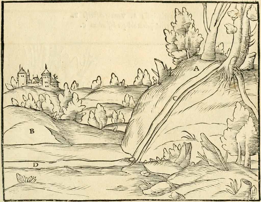 An illustration from Georgii Agricolae De re metallica libri XII. qvibus officia, instrumenta, machinae, ac omnia deni ad metallicam spectantia, non modo luculentissimè describuntur, sed & per effigies, suis locis insertas, adiunctis latinis, germanicis appellationibus ita ob oculos ponuntur, ut clarius tradi non possint. Eivsdem De animantibvs svbterraneis liber, ab autore recognitus: cum indicibus diuersis, quicqiuid in opere tractatum est, pulchré demonstrantibus, 1556, leaf 58