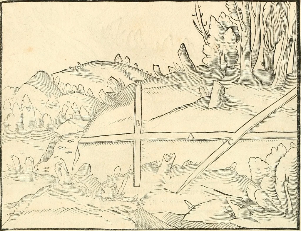 An illustration from Georgii Agricolae De re metallica libri XII. qvibus officia, instrumenta, machinae, ac omnia deni ad metallicam spectantia, non modo luculentissimè describuntur, sed & per effigies, suis locis insertas, adiunctis latinis, germanicis appellationibus ita ob oculos ponuntur, ut clarius tradi non possint. Eivsdem De animantibvs svbterraneis liber, ab autore recognitus: cum indicibus diuersis, quicqiuid in opere tractatum est, pulchré demonstrantibus, 1556, leaf 59