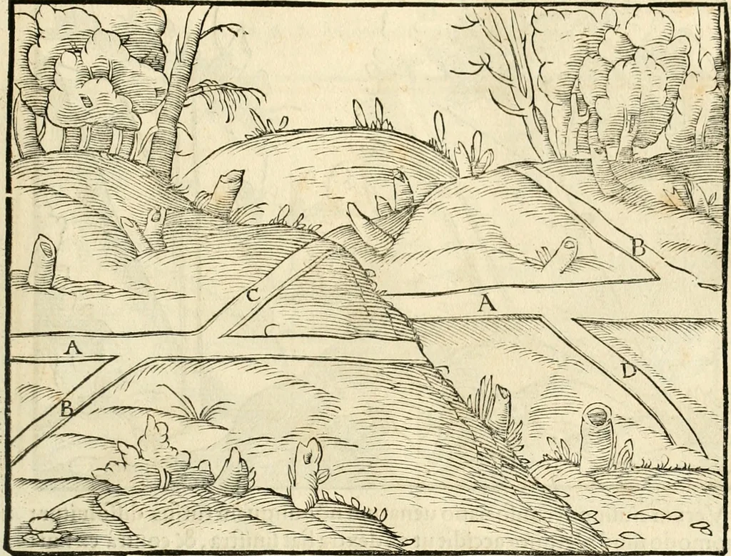 An illustration from Georgii Agricolae De re metallica libri XII. qvibus officia, instrumenta, machinae, ac omnia deni ad metallicam spectantia, non modo luculentissimè describuntur, sed & per effigies, suis locis insertas, adiunctis latinis, germanicis appellationibus ita ob oculos ponuntur, ut clarius tradi non possint. Eivsdem De animantibvs svbterraneis liber, ab autore recognitus: cum indicibus diuersis, quicqiuid in opere tractatum est, pulchré demonstrantibus, 1556, leaf 60