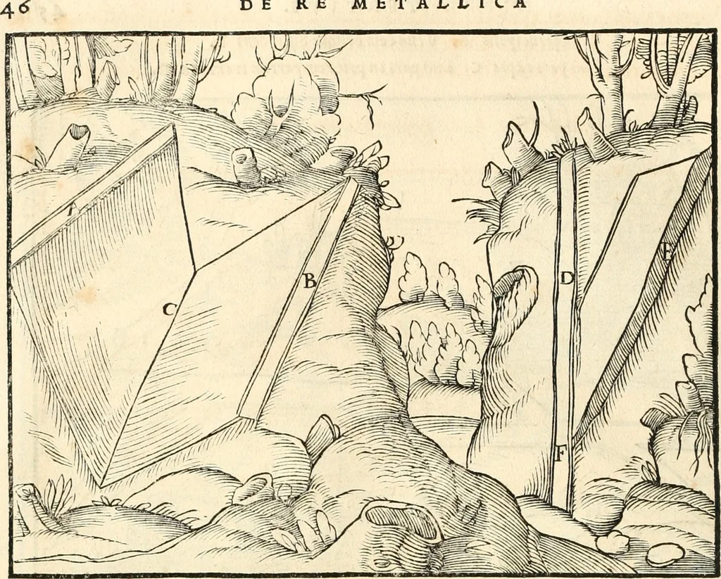 An illustration from Georgii Agricolae De re metallica libri XII. qvibus officia, instrumenta, machinae, ac omnia deni ad metallicam spectantia, non modo luculentissimè describuntur, sed & per effigies, suis locis insertas, adiunctis latinis, germanicis appellationibus ita ob oculos ponuntur, ut clarius tradi non possint. Eivsdem De animantibvs svbterraneis liber, ab autore recognitus: cum indicibus diuersis, quicqiuid in opere tractatum est, pulchré demonstrantibus, 1556, leaf 61