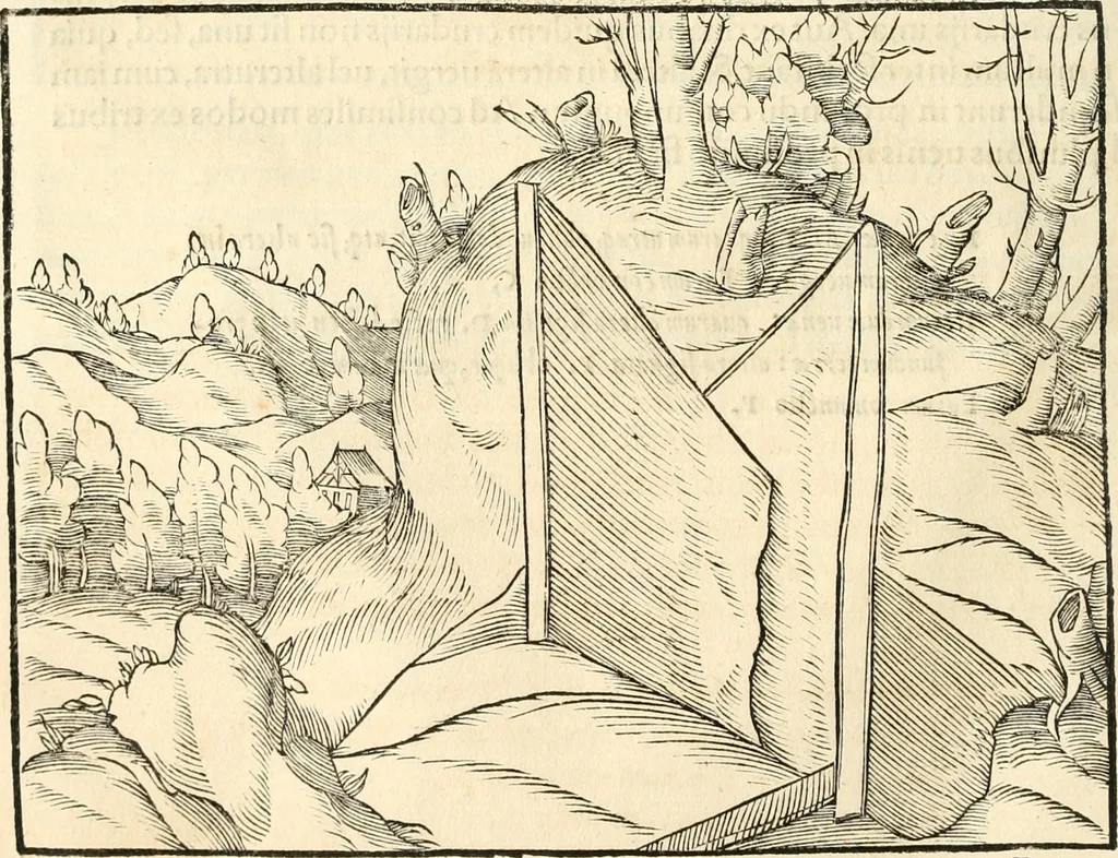 An illustration from Georgii Agricolae De re metallica libri XII. qvibus officia, instrumenta, machinae, ac omnia deni ad metallicam spectantia, non modo luculentissimè describuntur, sed & per effigies, suis locis insertas, adiunctis latinis, germanicis appellationibus ita ob oculos ponuntur, ut clarius tradi non possint. Eivsdem De animantibvs svbterraneis liber, ab autore recognitus: cum indicibus diuersis, quicqiuid in opere tractatum est, pulchré demonstrantibus, 1556, leaf 61