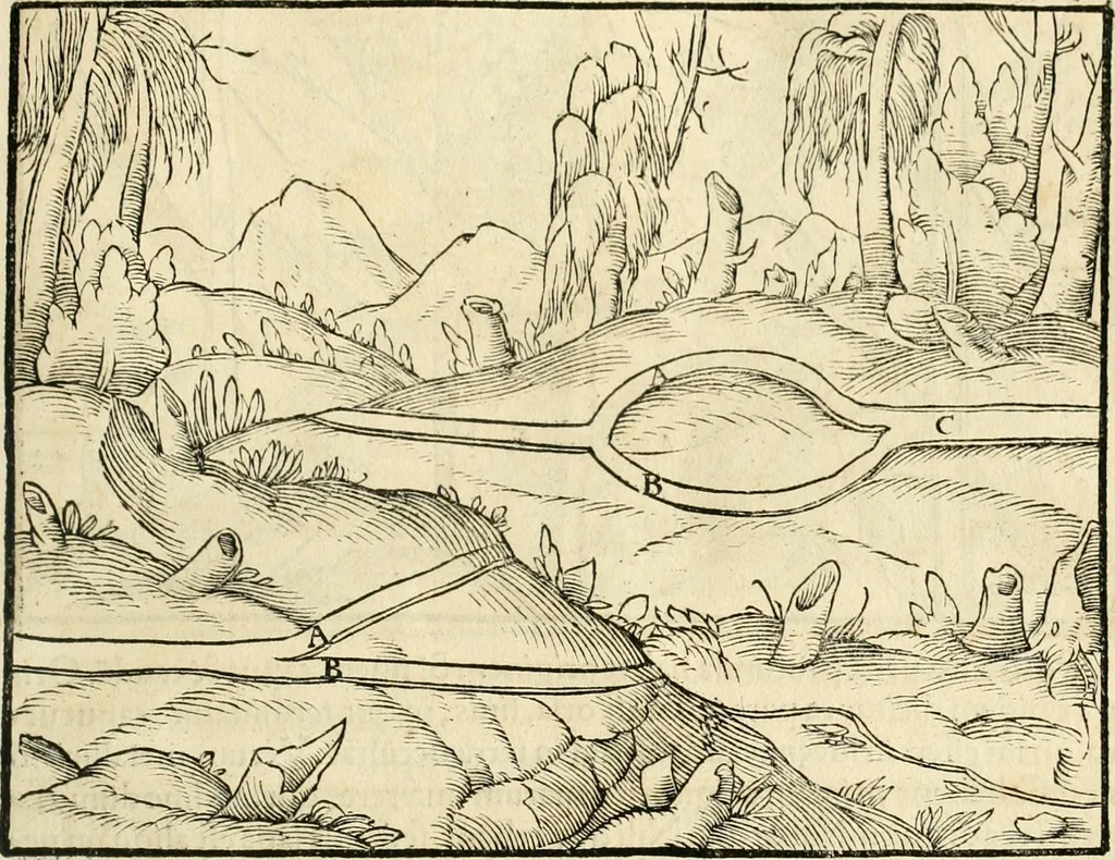 An illustration from Georgii Agricolae De re metallica libri XII. qvibus officia, instrumenta, machinae, ac omnia deni ad metallicam spectantia, non modo luculentissimè describuntur, sed & per effigies, suis locis insertas, adiunctis latinis, germanicis appellationibus ita ob oculos ponuntur, ut clarius tradi non possint. Eivsdem De animantibvs svbterraneis liber, ab autore recognitus: cum indicibus diuersis, quicqiuid in opere tractatum est, pulchré demonstrantibus, 1556, leaf 62