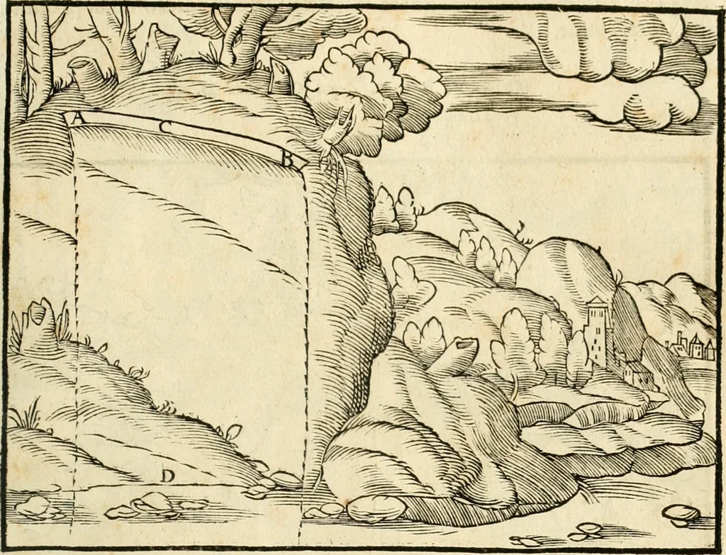 An illustration from Georgii Agricolae De re metallica libri XII. qvibus officia, instrumenta, machinae, ac omnia deni ad metallicam spectantia, non modo luculentissimè describuntur, sed & per effigies, suis locis insertas, adiunctis latinis, germanicis appellationibus ita ob oculos ponuntur, ut clarius tradi non possint. Eivsdem De animantibvs svbterraneis liber, ab autore recognitus: cum indicibus diuersis, quicqiuid in opere tractatum est, pulchré demonstrantibus, 1556, leaf 64