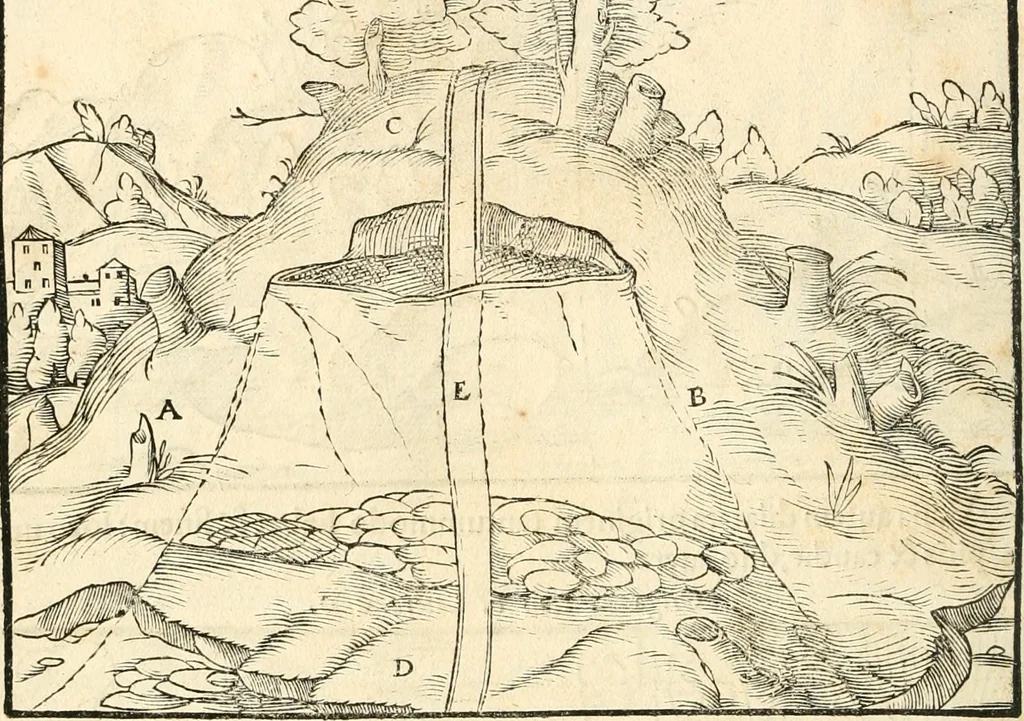 An illustration from Georgii Agricolae De re metallica libri XII. qvibus officia, instrumenta, machinae, ac omnia deni ad metallicam spectantia, non modo luculentissimè describuntur, sed & per effigies, suis locis insertas, adiunctis latinis, germanicis appellationibus ita ob oculos ponuntur, ut clarius tradi non possint. Eivsdem De animantibvs svbterraneis liber, ab autore recognitus: cum indicibus diuersis, quicqiuid in opere tractatum est, pulchré demonstrantibus, 1556, leaf 65