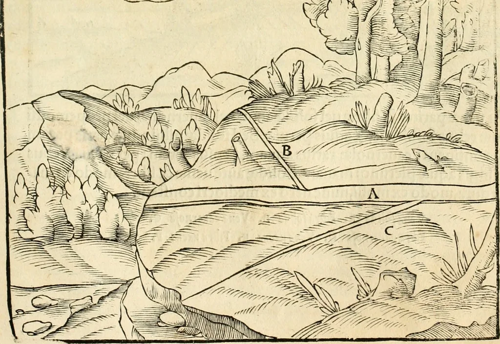 An illustration from Georgii Agricolae De re metallica libri XII. qvibus officia, instrumenta, machinae, ac omnia deni ad metallicam spectantia, non modo luculentissimè describuntur, sed & per effigies, suis locis insertas, adiunctis latinis, germanicis appellationibus ita ob oculos ponuntur, ut clarius tradi non possint. Eivsdem De animantibvs svbterraneis liber, ab autore recognitus: cum indicibus diuersis, quicqiuid in opere tractatum est, pulchré demonstrantibus, 1556, leaf 66