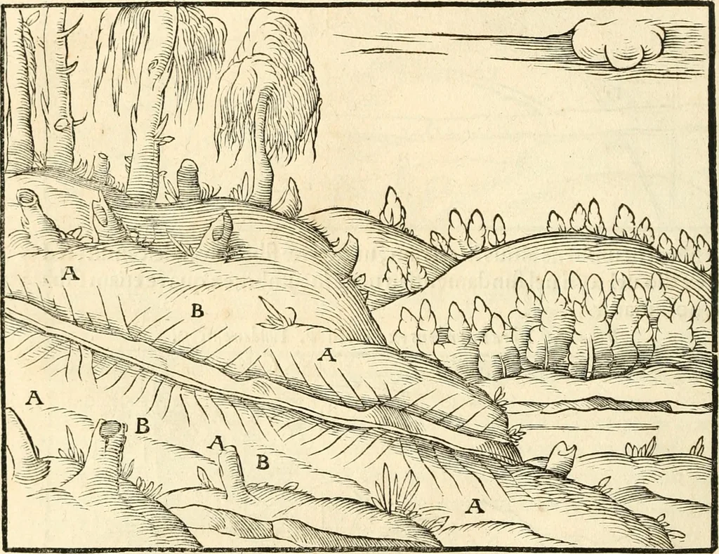 An illustration from Georgii Agricolae De re metallica libri XII. qvibus officia, instrumenta, machinae, ac omnia deni ad metallicam spectantia, non modo luculentissimè describuntur, sed & per effigies, suis locis insertas, adiunctis latinis, germanicis appellationibus ita ob oculos ponuntur, ut clarius tradi non possint. Eivsdem De animantibvs svbterraneis liber, ab autore recognitus: cum indicibus diuersis, quicqiuid in opere tractatum est, pulchré demonstrantibus, 1556, leaf 67