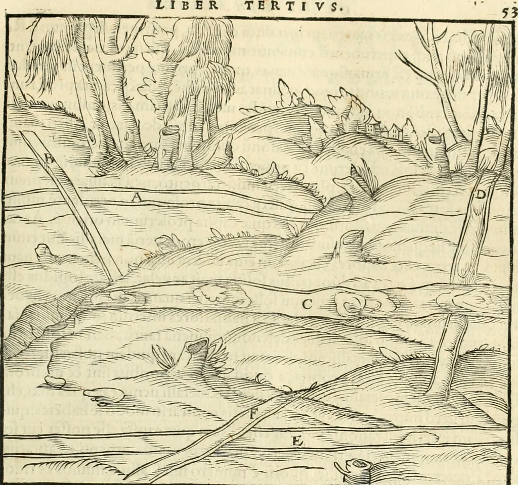 An illustration from Georgii Agricolae De re metallica libri XII. qvibus officia, instrumenta, machinae, ac omnia deni ad metallicam spectantia, non modo luculentissimè describuntur, sed & per effigies, suis locis insertas, adiunctis latinis, germanicis appellationibus ita ob oculos ponuntur, ut clarius tradi non possint. Eivsdem De animantibvs svbterraneis liber, ab autore recognitus: cum indicibus diuersis, quicqiuid in opere tractatum est, pulchré demonstrantibus, 1556, leaf 68