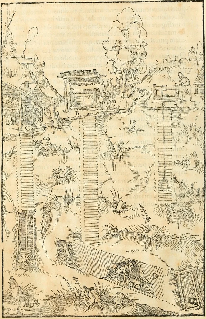 An illustration from Georgii Agricolae De re metallica libri XII. qvibus officia, instrumenta, machinae, ac omnia deni ad metallicam spectantia, non modo luculentissimè describuntur, sed & per effigies, suis locis insertas, adiunctis latinis, germanicis appellationibus ita ob oculos ponuntur, ut clarius tradi non possint. Eivsdem De animantibvs svbterraneis liber, ab autore recognitus: cum indicibus diuersis, quicqiuid in opere tractatum est, pulchré demonstrantibus, 1556, leaf 87