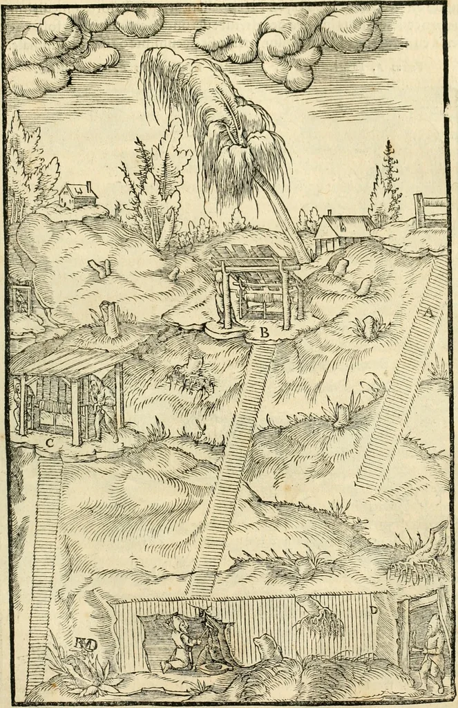 An illustration from Georgii Agricolae De re metallica libri XII. qvibus officia, instrumenta, machinae, ac omnia deni ad metallicam spectantia, non modo luculentissimè describuntur, sed & per effigies, suis locis insertas, adiunctis latinis, germanicis appellationibus ita ob oculos ponuntur, ut clarius tradi non possint. Eivsdem De animantibvs svbterraneis liber, ab autore recognitus: cum indicibus diuersis, quicqiuid in opere tractatum est, pulchré demonstrantibus, 1556, leaf 88
