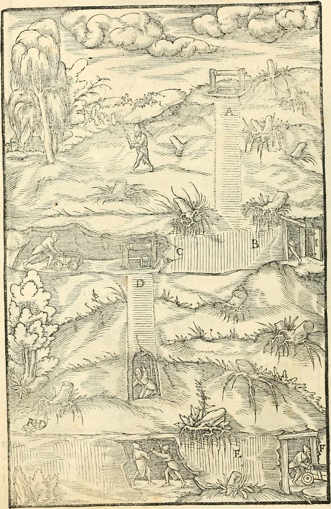 An illustration from Georgii Agricolae De re metallica libri XII. qvibus officia, instrumenta, machinae, ac omnia deni ad metallicam spectantia, non modo luculentissimè describuntur, sed & per effigies, suis locis insertas, adiunctis latinis, germanicis appellationibus ita ob oculos ponuntur, ut clarius tradi non possint. Eivsdem De animantibvs svbterraneis liber, ab autore recognitus: cum indicibus diuersis, quicqiuid in opere tractatum est, pulchré demonstrantibus, 1556, leaf 89