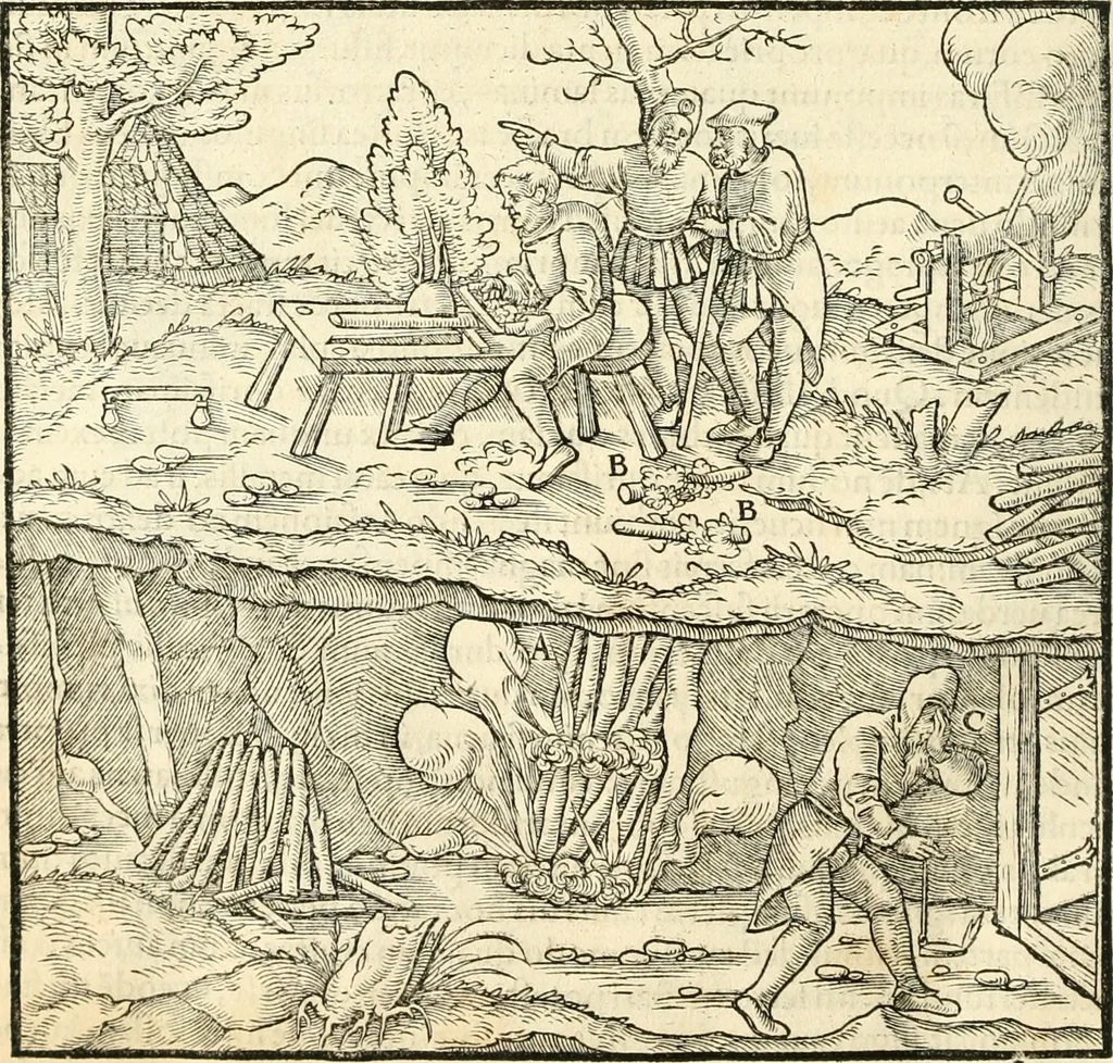 An illustration from Georgii Agricolae De re metallica libri XII. qvibus officia, instrumenta, machinae, ac omnia deni ad metallicam spectantia, non modo luculentissimè describuntur, sed & per effigies, suis locis insertas, adiunctis latinis, germanicis appellationibus ita ob oculos ponuntur, ut clarius tradi non possint. Eivsdem De animantibvs svbterraneis liber, ab autore recognitus: cum indicibus diuersis, quicqiuid in opere tractatum est, pulchré demonstrantibus, 1556, leaf 95