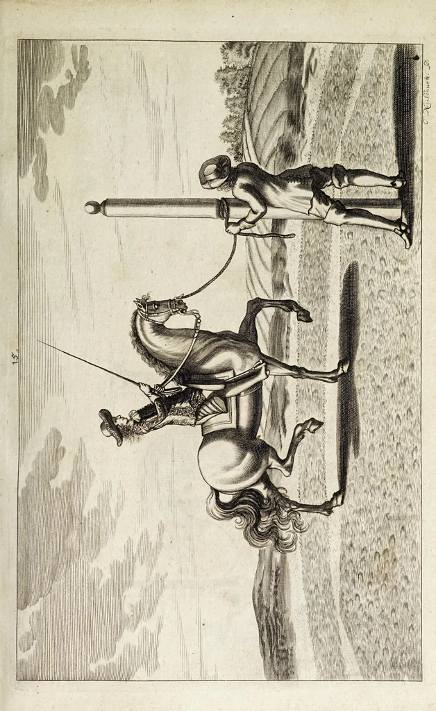 An illustration from Georgii Simonis Winteri, Bellerophon, sive, Eques peritus : hoc est, artis equestris accuratissima institutio : opere bipartito, seu duobus libris, absoluta .., 1678, leaf 117