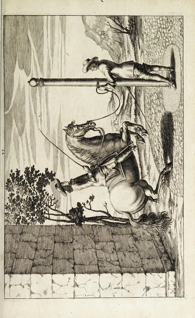An illustration from Georgii Simonis Winteri, Bellerophon, sive, Eques peritus : hoc est, artis equestris accuratissima institutio : opere bipartito, seu duobus libris, absoluta .., 1678, leaf 153