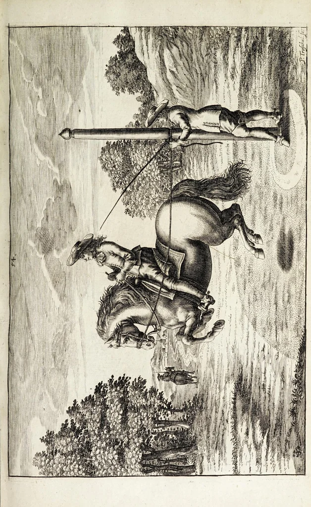 An illustration from Georgii Simonis Winteri, Bellerophon, sive, Eques peritus : hoc est, artis equestris accuratissima institutio : opere bipartito, seu duobus libris, absoluta .., 1678, leaf 195