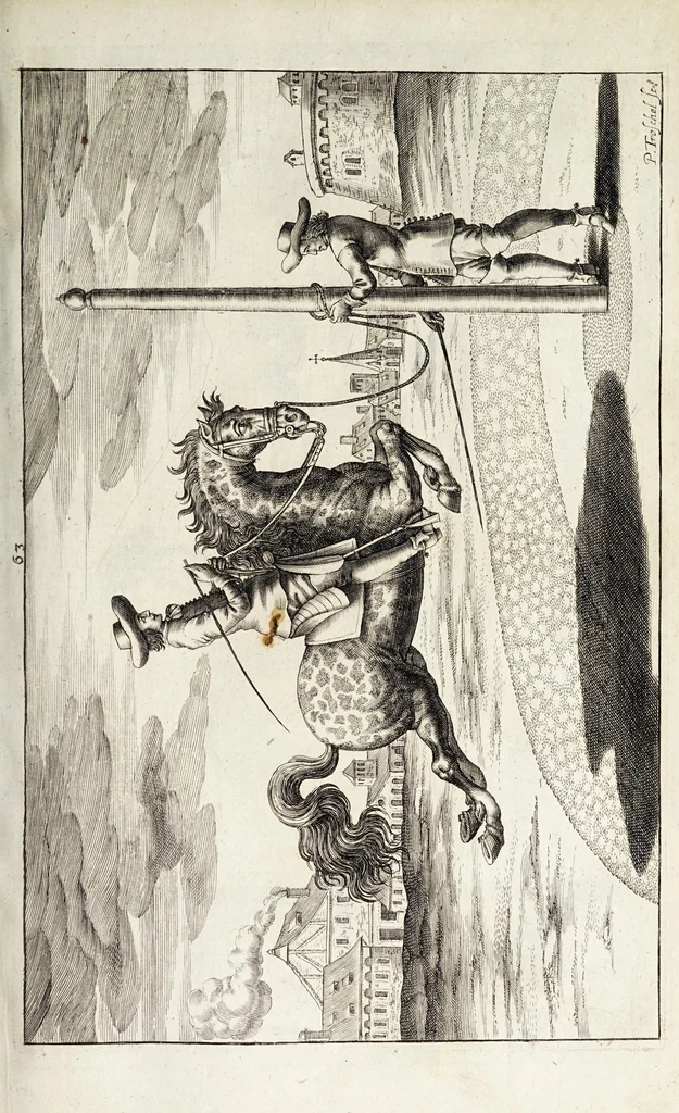 An illustration from Georgii Simonis Winteri, Bellerophon, sive, Eques peritus : hoc est, artis equestris accuratissima institutio : opere bipartito, seu duobus libris, absoluta .., 1678, leaf 213
