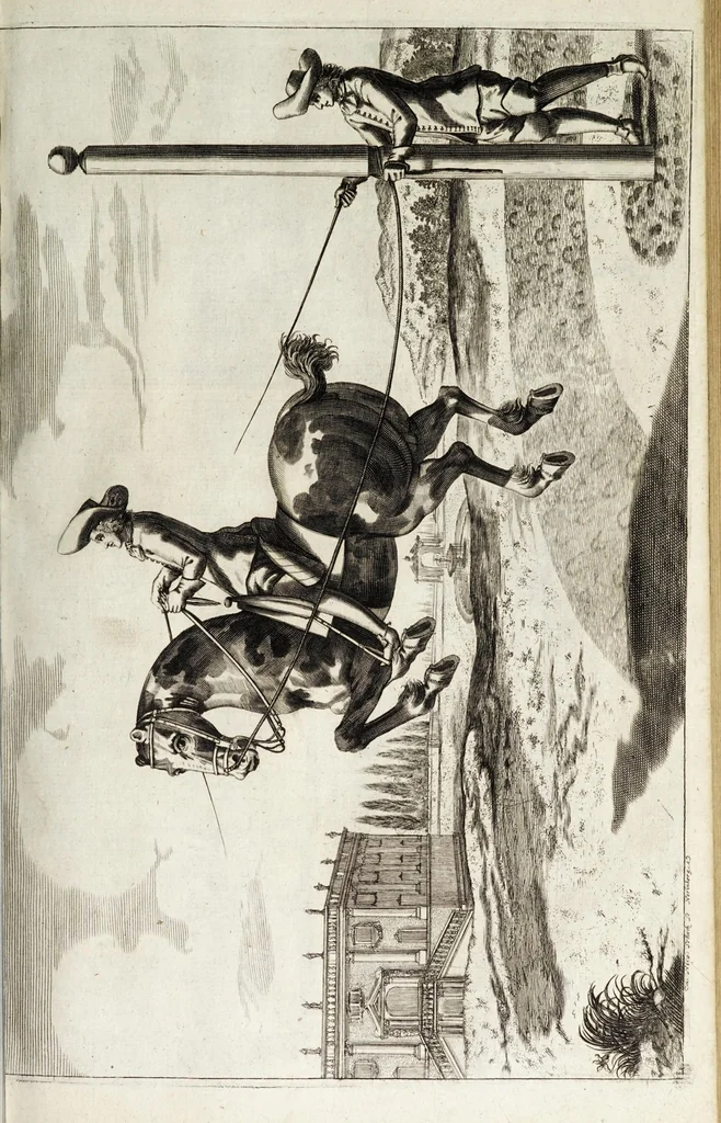 An illustration from Georgii Simonis Winteri, Bellerophon, sive, Eques peritus : hoc est, artis equestris accuratissima institutio : opere bipartito, seu duobus libris, absoluta .., 1678, leaf 243