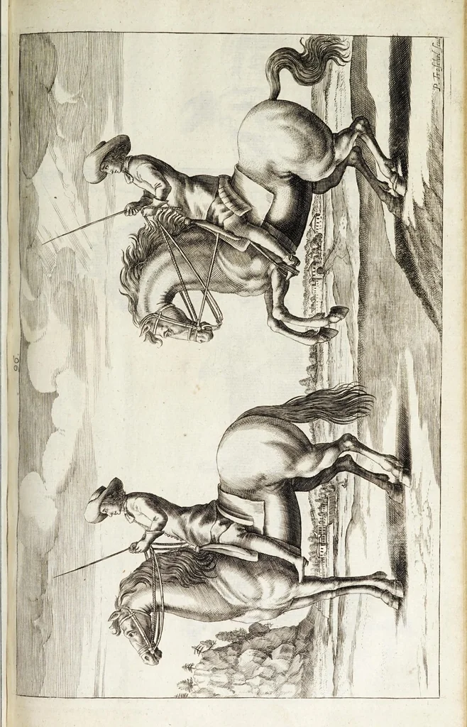 An illustration from Georgii Simonis Winteri, Bellerophon, sive, Eques peritus : hoc est, artis equestris accuratissima institutio : opere bipartito, seu duobus libris, absoluta .., 1678, leaf 279