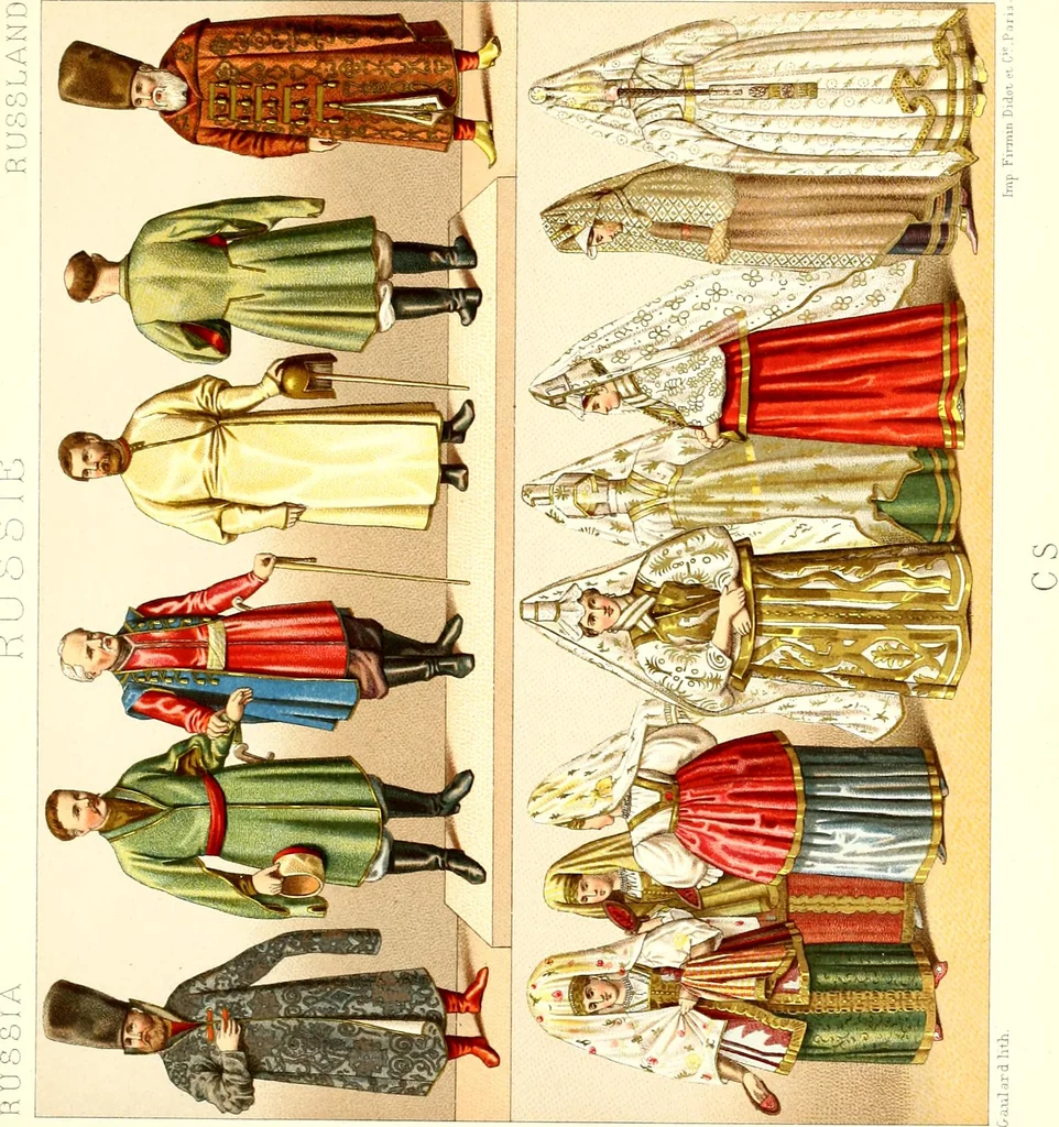 An illustration from Geschichte des kostüms in chronologischer entwicklung von A. Racinet, 1888, leaf 147