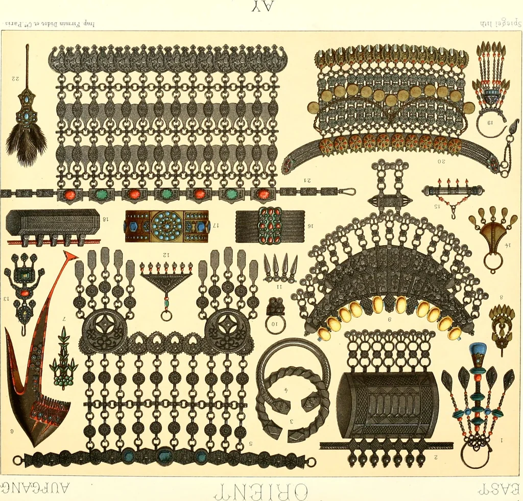 An illustration from Geschichte des kostüms in chronologischer entwicklung von A. Racinet, 1888, leaf 241