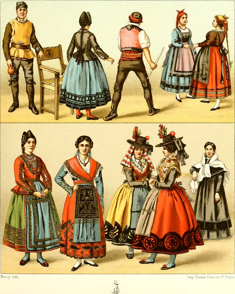 An illustration from Geschichte des kostüms in chronologischer entwicklung von A. Racinet, 1888, leaf 277