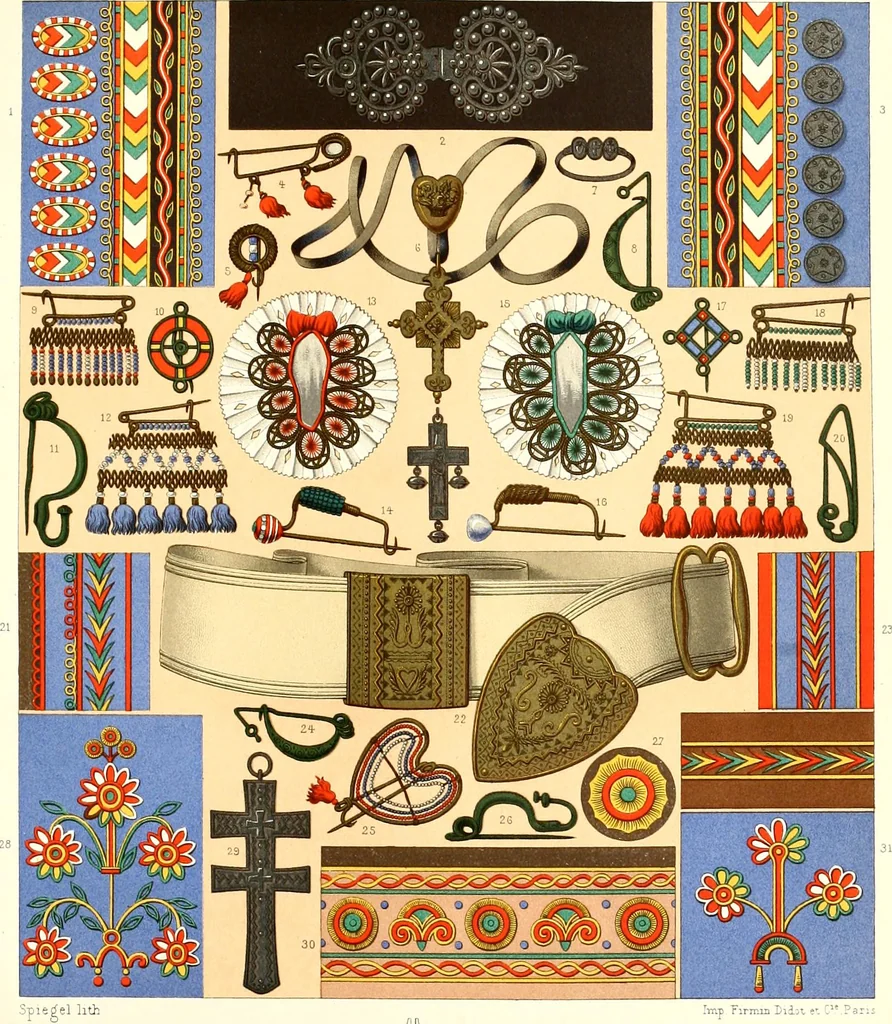 An illustration from Geschichte des kostüms in chronologischer entwicklung von A. Racinet, 1888, leaf 375