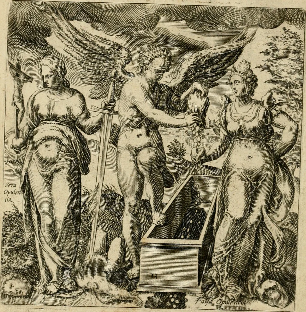 An illustration from Recht ghebruyck ende misbruyck, van tydlycke have : van rijckdom, nodruft en ghebreck ick beluyck t'onzaligh misbruyck, mettet zaligh ghebruyck, 1585, leaf 47