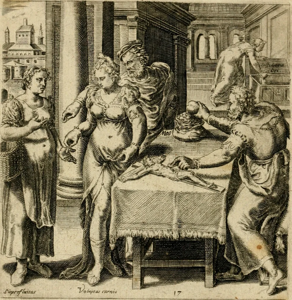 An illustration from Recht ghebruyck ende misbruyck, van tydlycke have : van rijckdom, nodruft en ghebreck ick beluyck t'onzaligh misbruyck, mettet zaligh ghebruyck, 1585, leaf 59