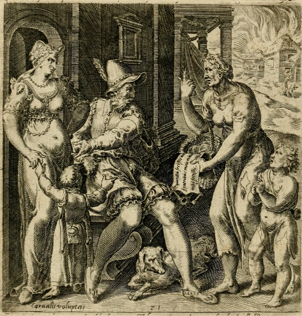 An illustration from Recht ghebruyck ende misbruyck, van tydlycke have : van rijckdom, nodruft en ghebreck ick beluyck t'onzaligh misbruyck, mettet zaligh ghebruyck, 1585, leaf 71