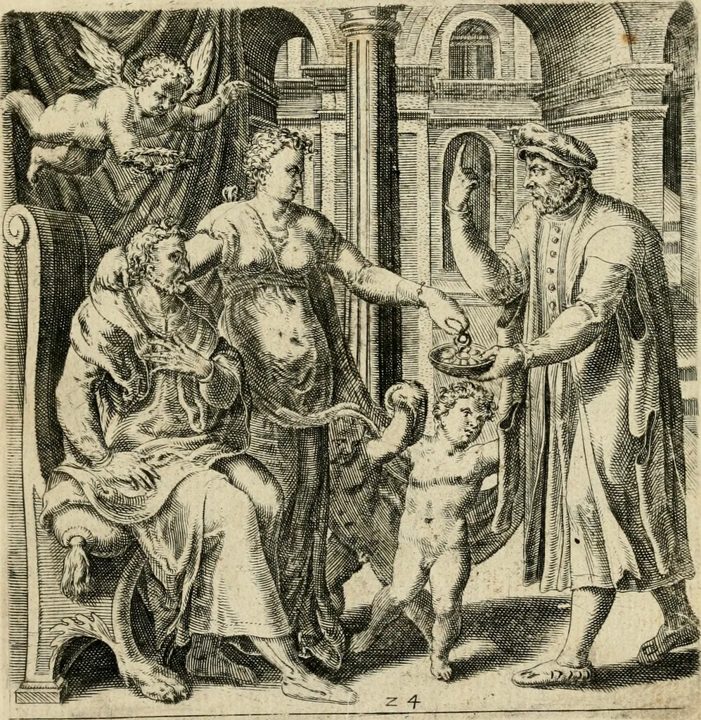 An illustration from Recht ghebruyck ende misbruyck, van tydlycke have : van rijckdom, nodruft en ghebreck ick beluyck t'onzaligh misbruyck, mettet zaligh ghebruyck, 1585, leaf 80